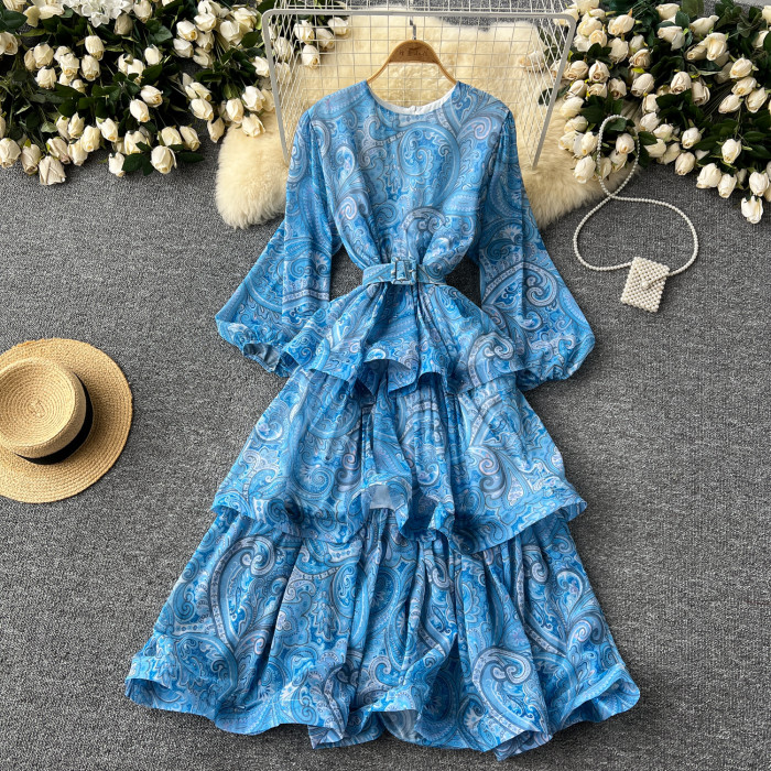 Elegant Ruffle Cake Layered Big Swing  Bohemian Floral Chic Belted Long Dresses