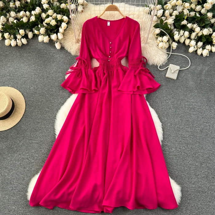 Vintage V-Neck Flare Sleeve Draped Ruffle Maxi Dresses