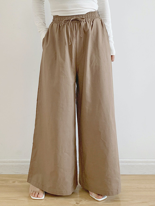 High Waisted Loose Drawstring Elasticity Pockets Solid Color Pants Trousers