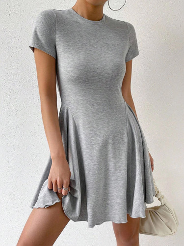 High Waisted Loose Pleated Solid Color Split-Joint Round-Neck Mini Dresses