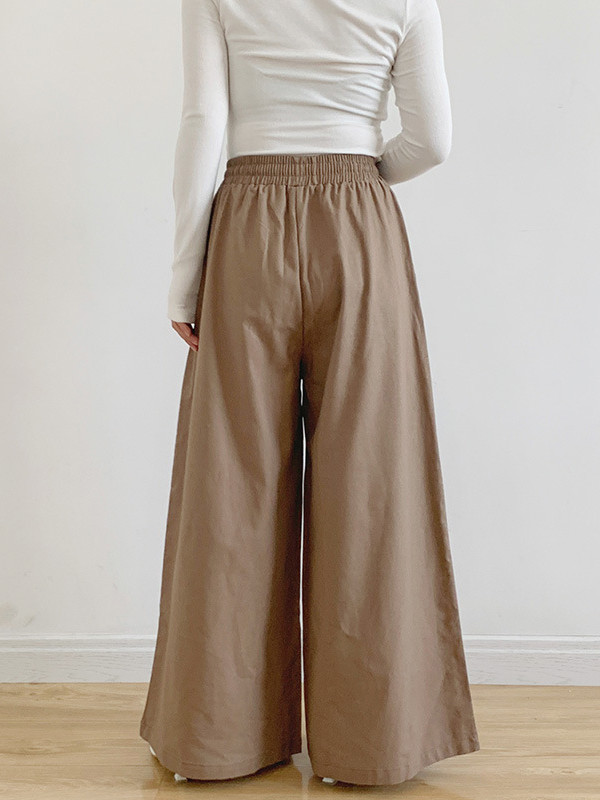 High Waisted Loose Drawstring Elasticity Pockets Solid Color Pants Trousers