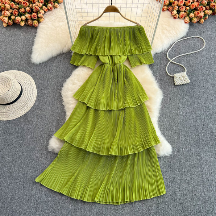 Vintage Slash Neck  Pleated Flods Elegant Cascading Ruffled Off The Shoulder Midi Dresses