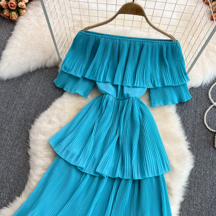 Vintage Slash Neck  Pleated Flods Elegant Cascading Ruffled Off The Shoulder Midi Dresses