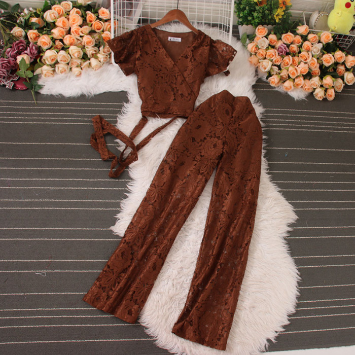 Hollow Pant Sets for Women Ruffle Lace Hook Flower Bandage Short Tops + High Waist Wide Leg Pants Sheer Female Suit New
