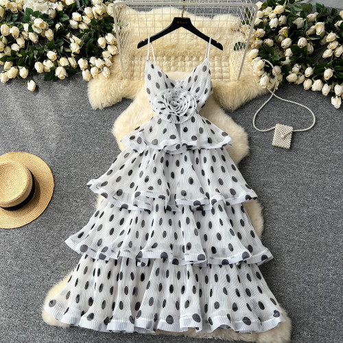 Party Ruffle Layered Cake Dresses Wave Point Tie Flowers Evening Pleated Sundress Chic Sweet