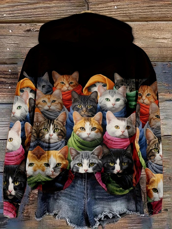 Cat Print Hoodie, Casual Long Sleeve Hoodies Sweatshirt, Women's Clothing