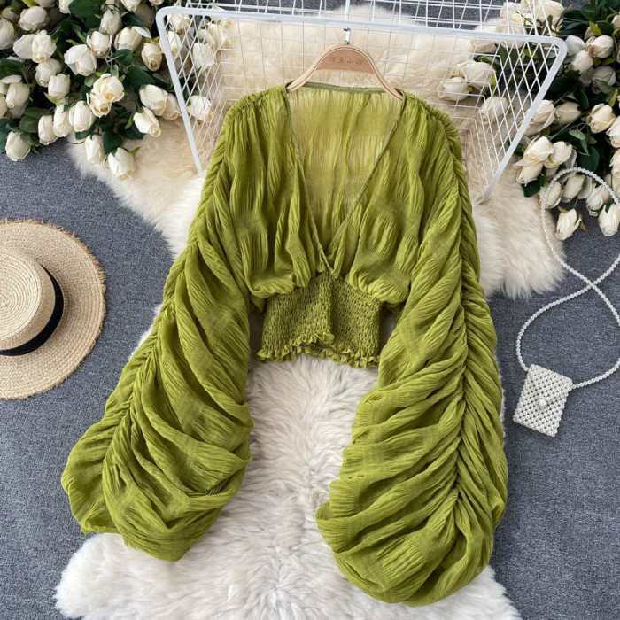 Women's Sexy Chiffon Cropped Top See-Through Extra Long Sleeve Pleated Party Top