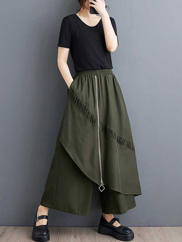 High Waisted Loose Elasticity Pleated Pockets Split-Joint Zipper Culotte Pants
