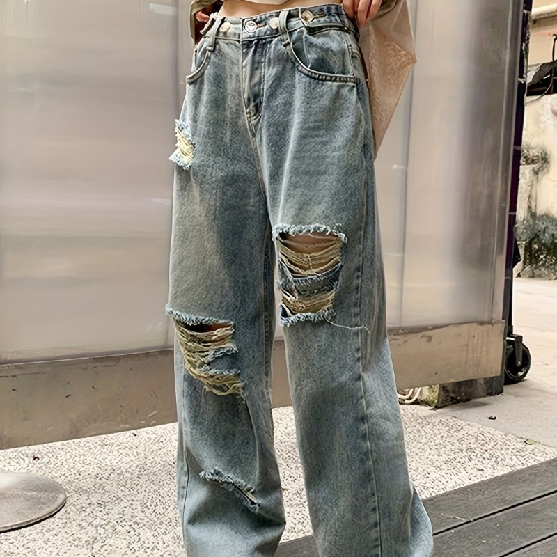 Ripped Holes Loose Wide Leg Jeans, Slant Pocket Fashion Casual Distressed Denim Pants, Women's Denim Jeans & Clothing