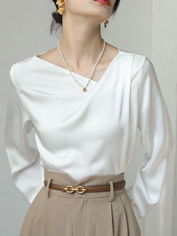 Long Sleeves Loose Asymmetric Pleated Solid Color Split-Joint V-Neck Blouses&Shirts Tops