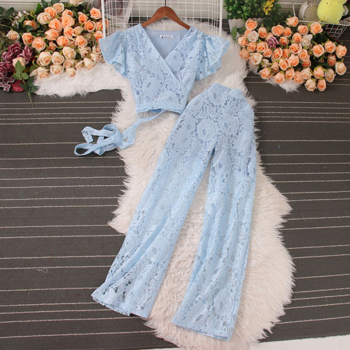 Hollow Pant Sets for Women Ruffle Lace Hook Flower Bandage Short Tops + High Waist Wide Leg Pants Sheer Female Suit New