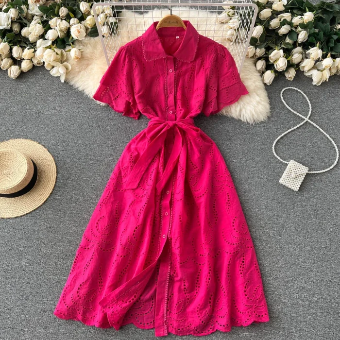 Lace Embroidery Dress Women Short Sleeves Female Vintage Party Beach Maxi Long Dresses