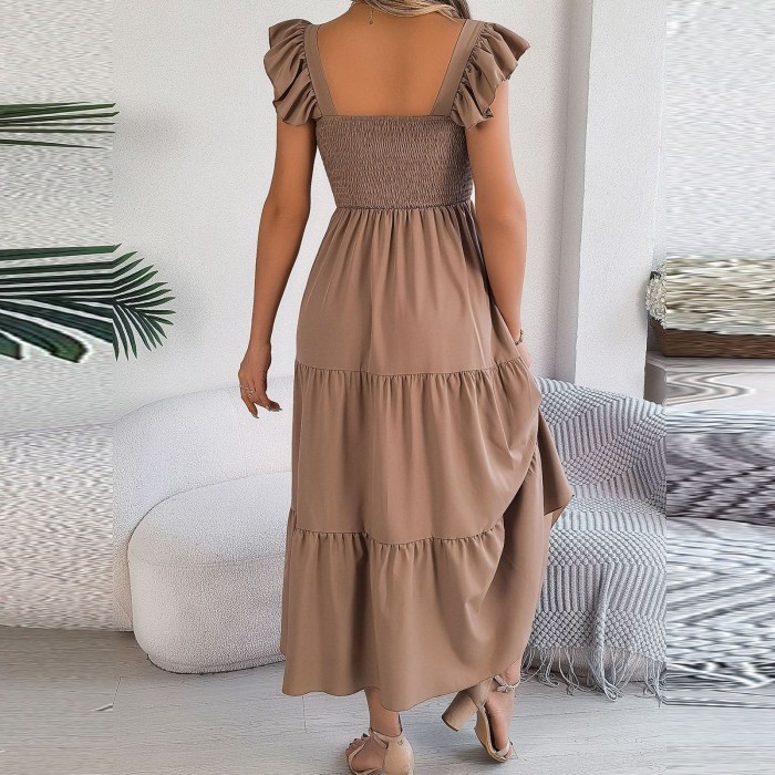 Solid Tank Square Collar Sleeveless A-Line Maxi Dress Backless Slim Waist Pleated Beach Dresses