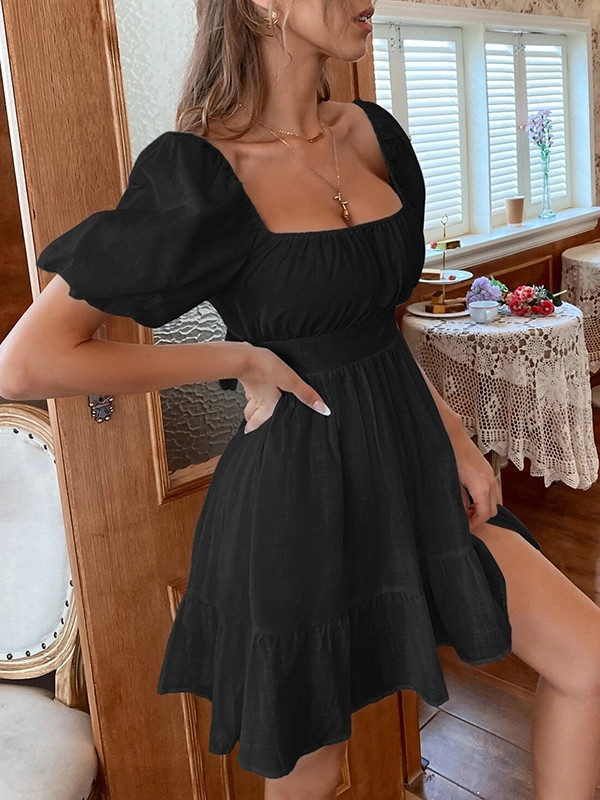 High Waisted Loose Backless Bowknot Elasticity Pleated Solid Color Split-Joint Square-Neck Mini Dresses