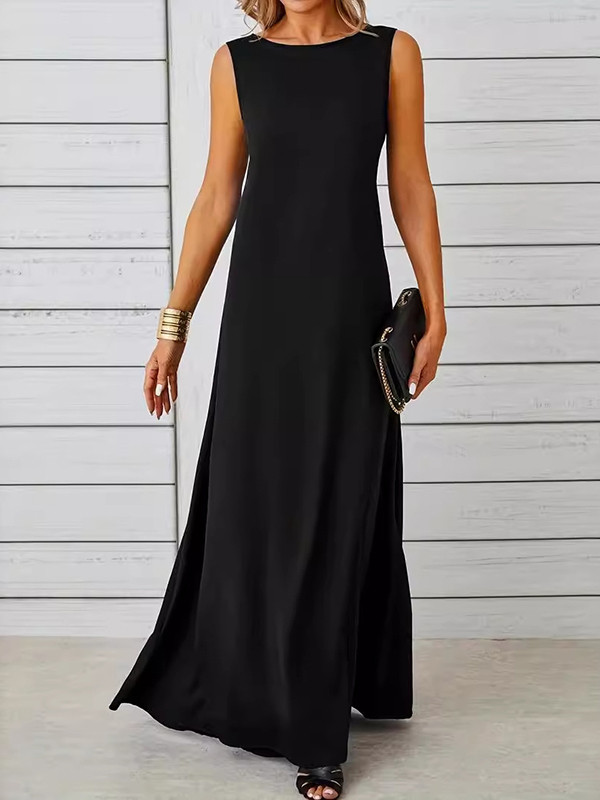 A-Line Loose Solid Color Round-Neck Maxi Dresses