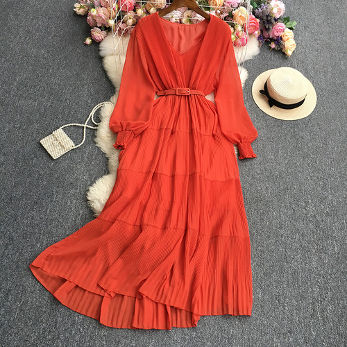Summer Chiffon Long Dress for Women Pleated Folds Patchwrok Full Sleeve Vintage  Maxi Dresses