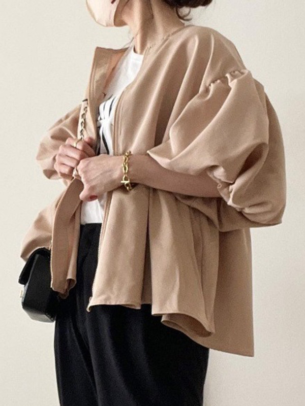 Long Sleeves Loose Elasticity Pleated Solid Color Split-Joint Zipper Round-Neck Outerwear