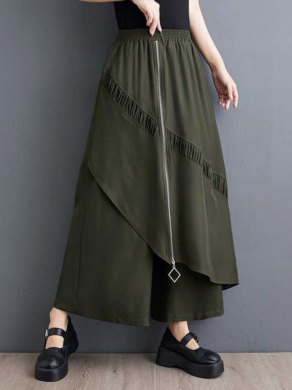 High Waisted Loose Elasticity Pleated Pockets Split-Joint Zipper Culotte Pants