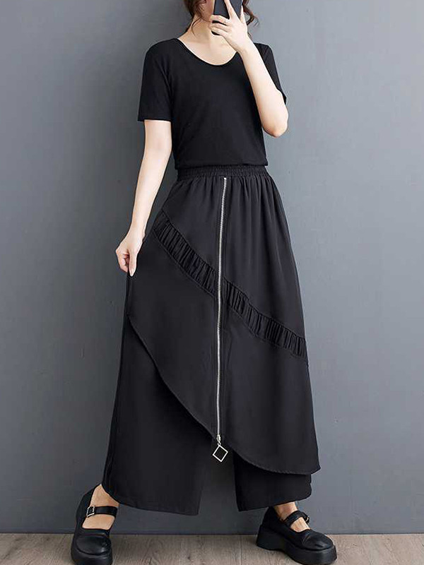 High Waisted Loose Elasticity Pleated Pockets Split-Joint Zipper Culotte Pants