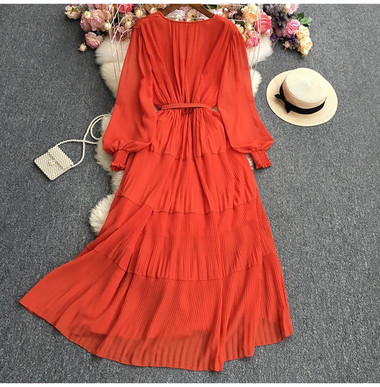 Summer Chiffon Long Dress for Women Pleated Folds Patchwrok Full Sleeve Vintage  Maxi Dresses