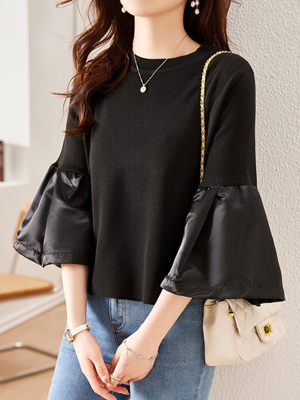 Flared Sleeves Long Sleeves Pleated Split-Joint Round-neck T-Shirts Tops