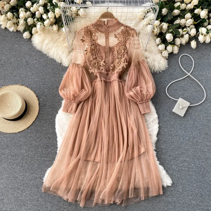 Flower Hook Mesh Temperament Stand Collar Lantern Sleeve High Waist Slim Female Dresses