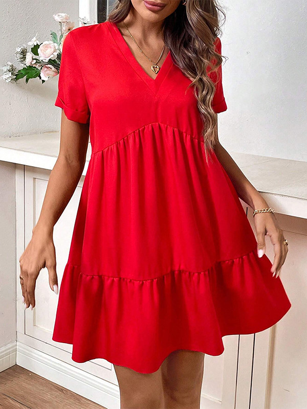 A-Line High Waisted Pleated Solid Color Split-Joint V-Neck Mini Dresses