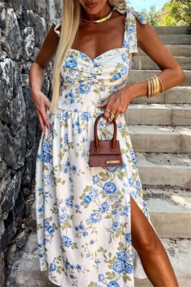 Casual Solid Color Floral Print Backless Slit Belted Spaghetti Strap Sleeveless Dresses(7 Colors)