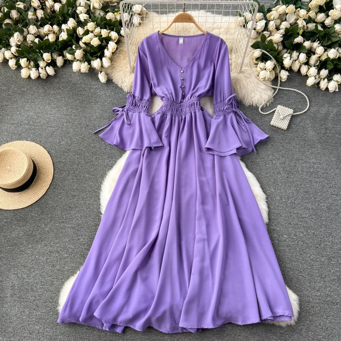 Vintage V-Neck Flare Sleeve Draped Ruffle Maxi Dresses