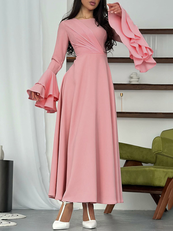A-Line Flared Sleeves Pleated Solid Color Round-Neck Midi Dresses