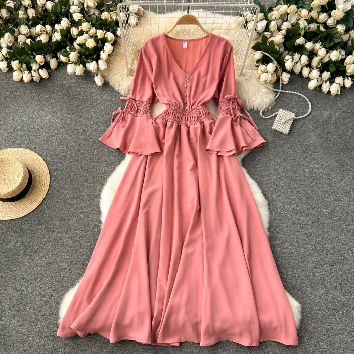 Vintage V-Neck Flare Sleeve Draped Ruffle Maxi Dresses
