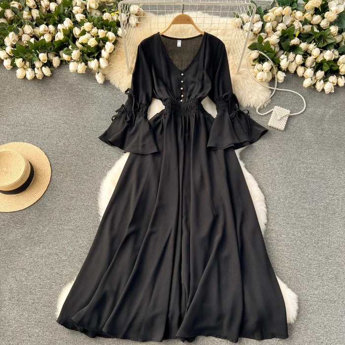 Vintage V-Neck Flare Sleeve Draped Ruffle Maxi Dresses