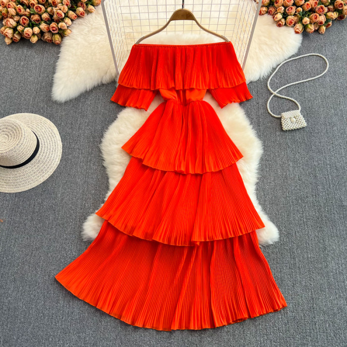 Vintage Slash Neck  Pleated Flods Elegant Cascading Ruffled Off The Shoulder Midi Dresses