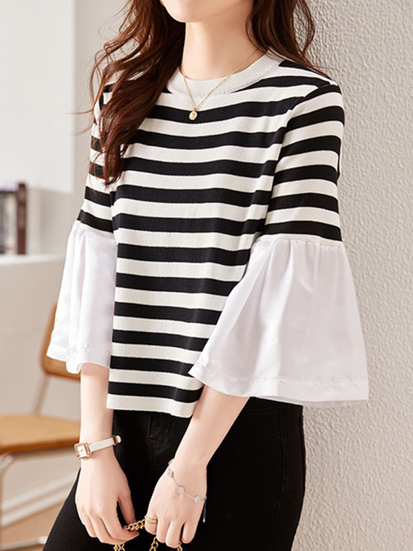 Flared Sleeves Long Sleeves Pleated Split-Joint Striped Round-neck T-Shirts Tops