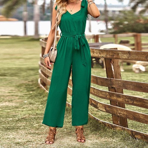 Elegant Sleeveless  Casual Loose Wide Leg Pants Commuter Waist Slimming Lace-up Jumpsuit