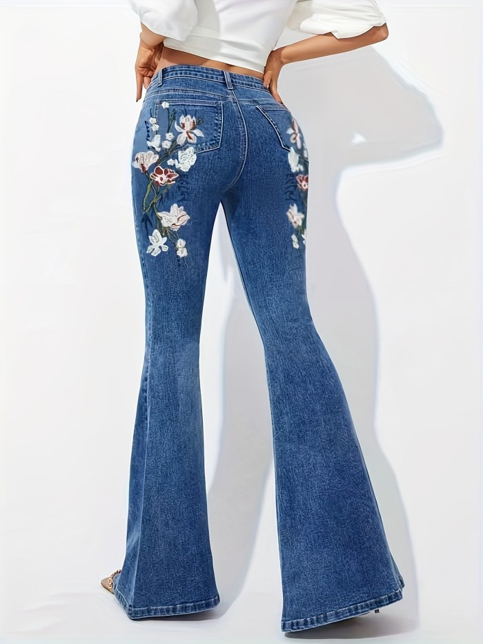 Floral Embroidered Decor Flare Jeans, Slant Pockets High Stretch Bell Bottom Jeans, Women's Denim Jeans & Clothing