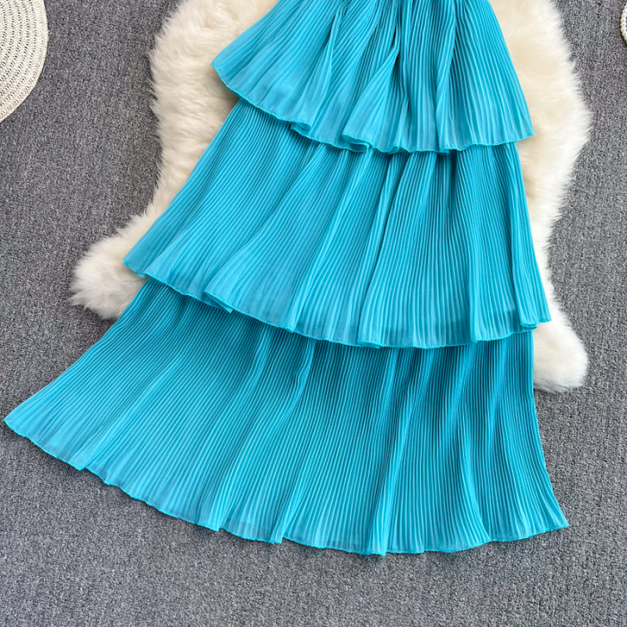 Vintage Slash Neck  Pleated Flods Elegant Cascading Ruffled Off The Shoulder Midi Dresses