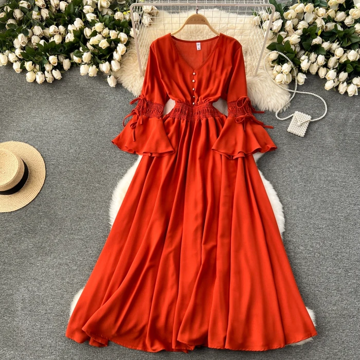 Vintage V-Neck Flare Sleeve Draped Ruffle Maxi Dresses