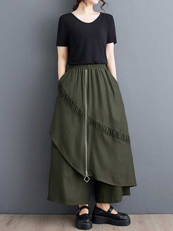 High Waisted Loose Elasticity Pleated Pockets Split-Joint Zipper Culotte Pants