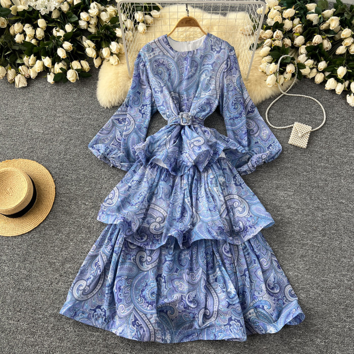 Elegant Ruffle Cake Layered Big Swing  Bohemian Floral Chic Belted Long Dresses