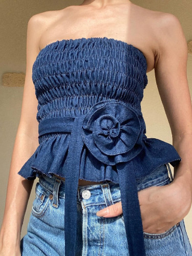Skinny Sleeveless Elasticity Pleated Ruffled Three-Dimensional Flower Tied Waist Tube Vest Top