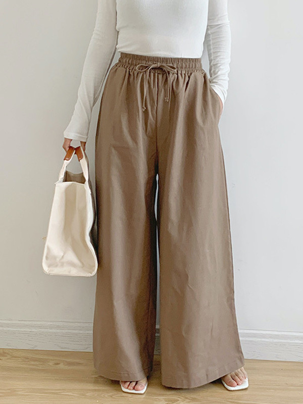 High Waisted Loose Drawstring Elasticity Pockets Solid Color Pants Trousers