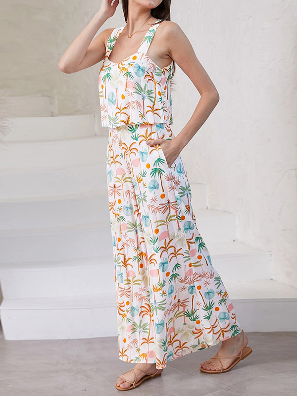 Loose Sleeveless Elasticity Pockets Printed Spaghetti-Neck Jumpsuits