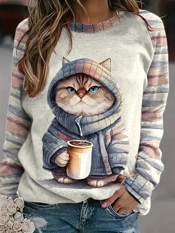 Kitten Print Crew Neck Sweatshirt, Casual Long Sleeve Drop Shoulder Sweatshirt, Women's Clothing