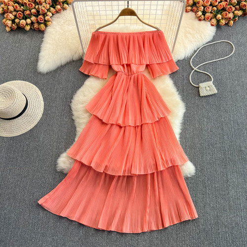 Vintage Slash Neck  Pleated Flods Elegant Cascading Ruffled Off The Shoulder Midi Dresses