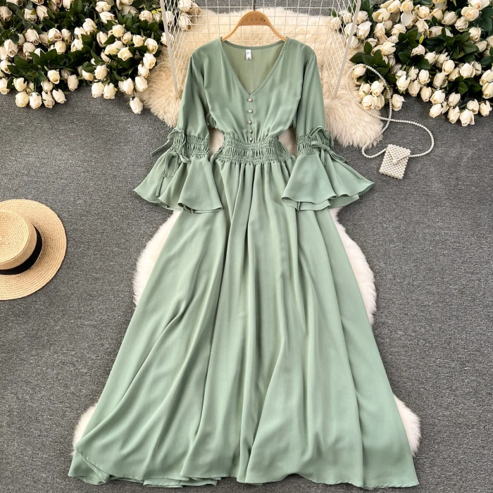 Vintage V-Neck Flare Sleeve Draped Ruffle Maxi Dresses