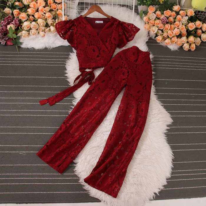 Hollow Pant Sets for Women Ruffle Lace Hook Flower Bandage Short Tops + High Waist Wide Leg Pants Sheer Female Suit New
