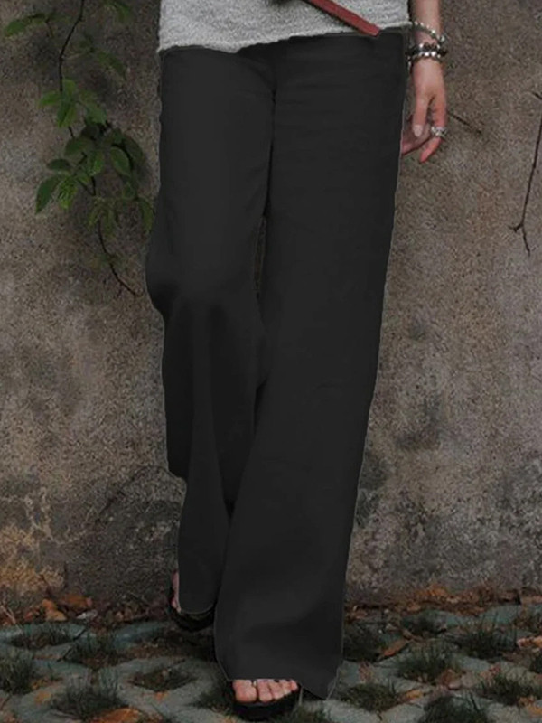 High Waisted Loose Elasticity Pockets Solid Color Pants Trousers