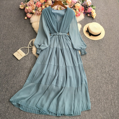 Summer Chiffon Long Dress for Women Pleated Folds Patchwrok Full Sleeve Vintage  Maxi Dresses