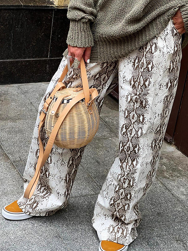 High Waisted Loose Elasticity Pockets Snakeskin Printed Pants Trousers